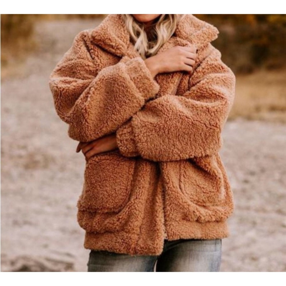 Ransom Sherpa Teddy Coat Full Zip Faux Fur   Pockets Camel Tan Women's Medium
